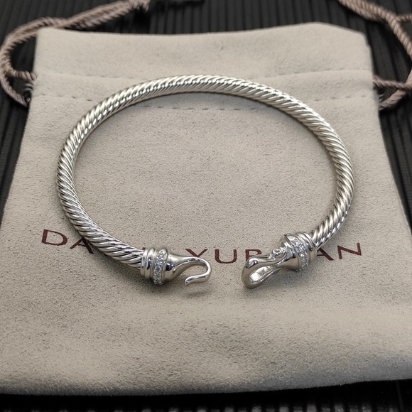Women's David Yurman Sterling Silver Twisted Cable Diamond Hook Clasp Bangle - Picture 2 of 4